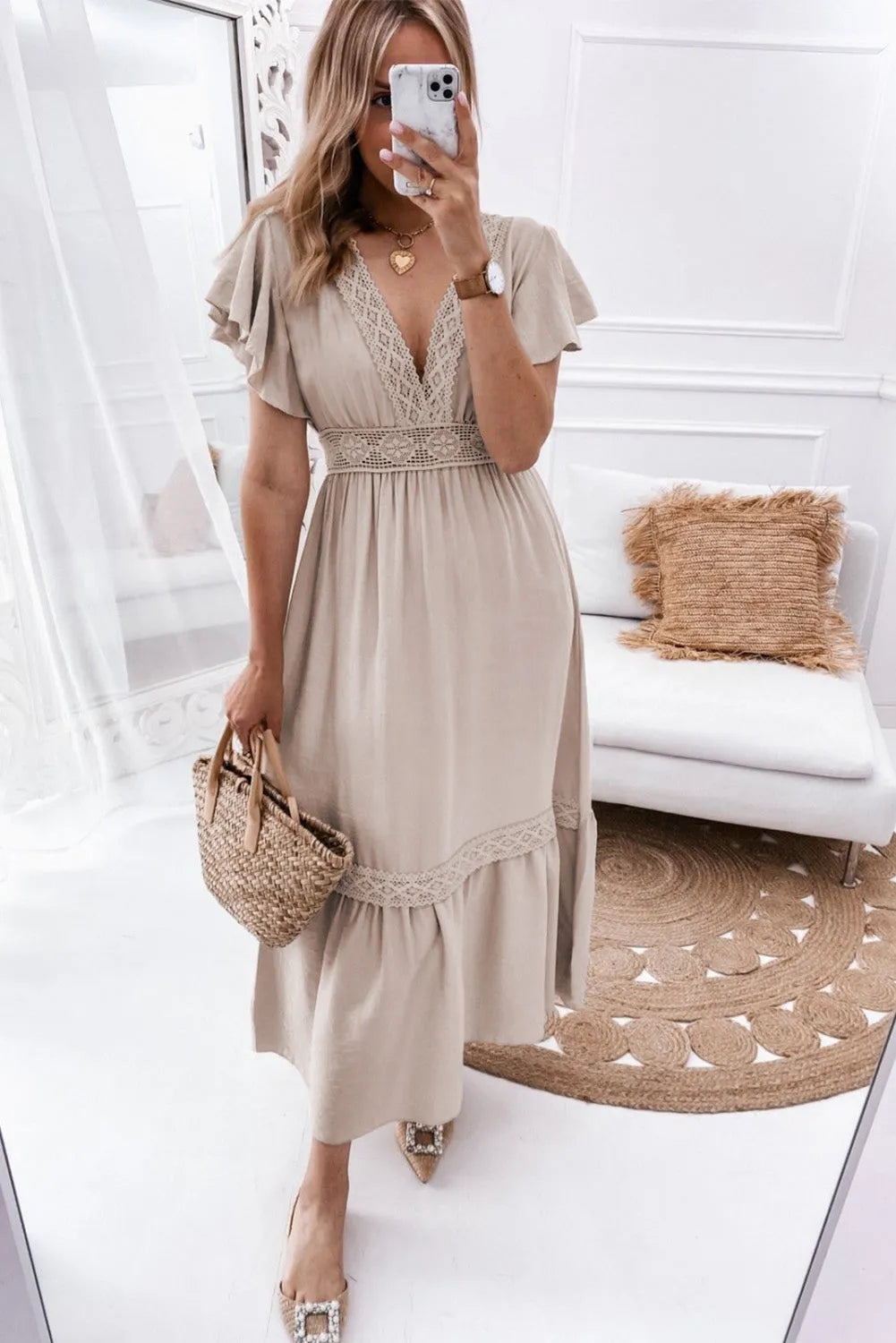 Oatmeal Lace V Neck Ruffled Sleeve Empire Waist Dress - Chic Meadow Boutique 