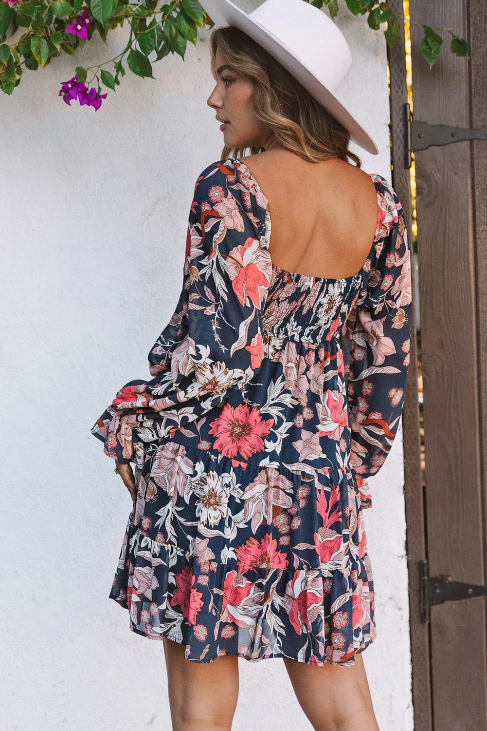 Blue Floral Tiered Long Puff Sleeve Mini Dress - Chic Meadow Boutique 