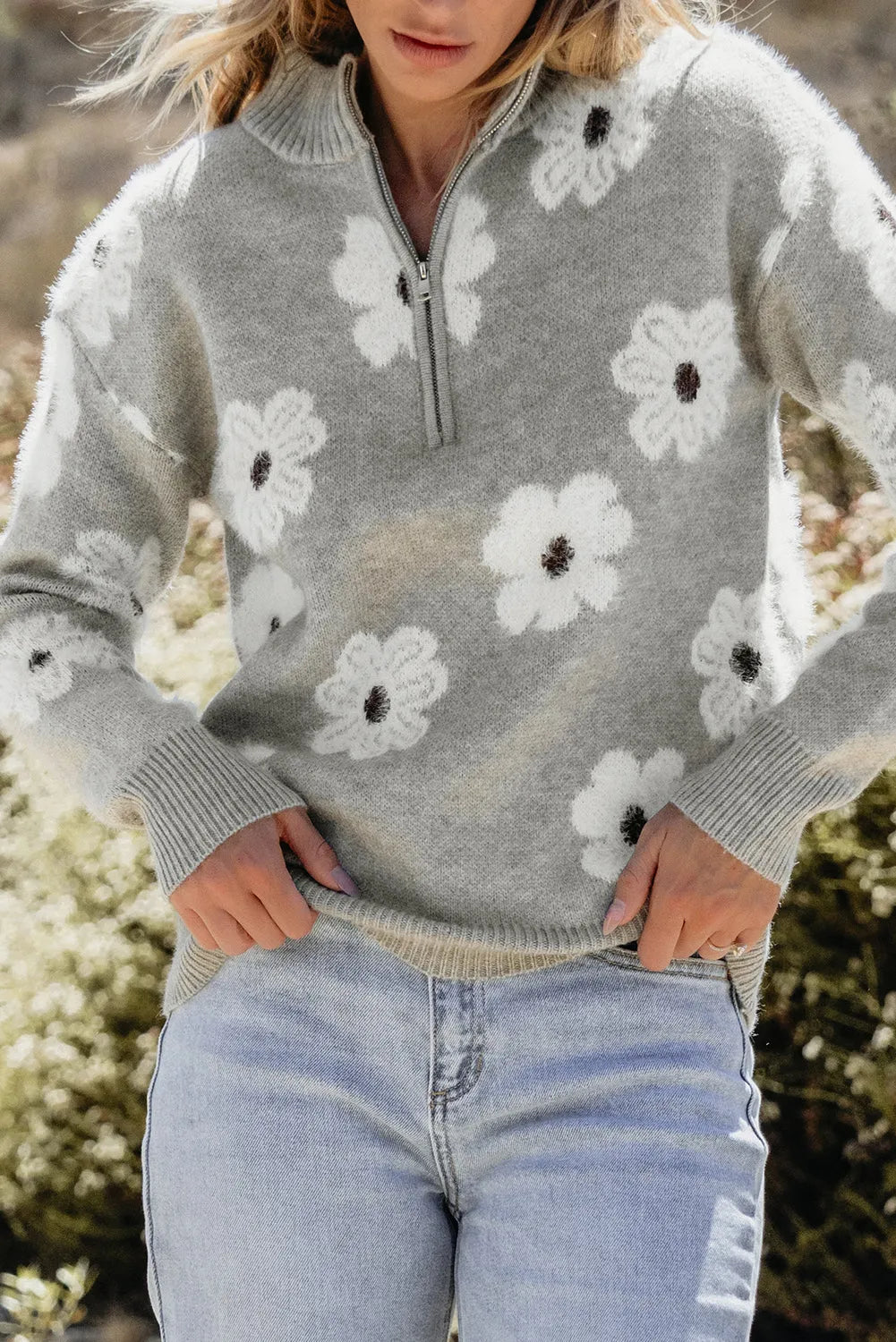 Gray Floral Pattern Half Zip Drop Shoulder Sweater - Chic Meadow Boutique 