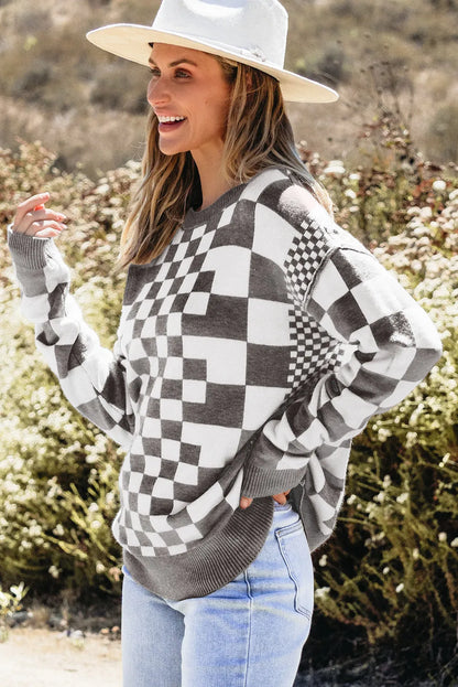 Gray Checkered Print Drop Shoulder Round Neck Sweater - Chic Meadow Boutique 