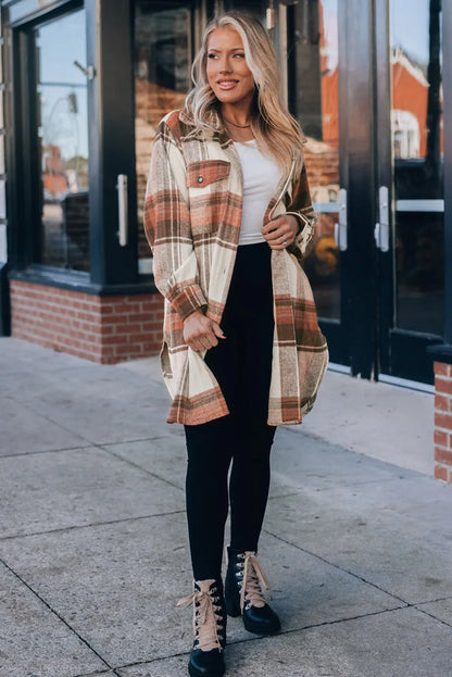 Brown Plaid Print Flap Pockets Long Shacket - Chic Meadow Boutique 