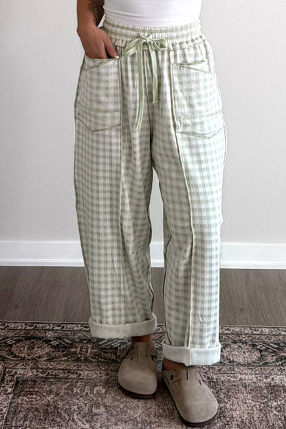 Green Plaid Contrast Trim Drawstring Elastic Waist Shift Pants