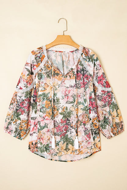 Pink Floral Print Lace Embroidery Tie Split Neck Long Sleeve Blouse