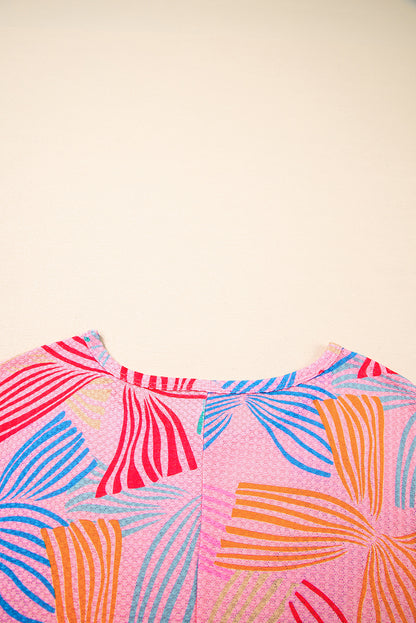 Pink Bowknot Printed Waffle Crewneck Loose Short Sleeve Top
