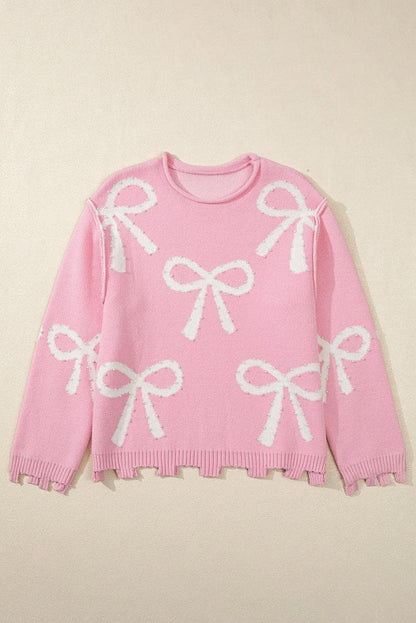 Sweaters & Cardigans/Sweaters Pink Pearl Beaded Bowknot Pattern Distressed Split Hem Sweater