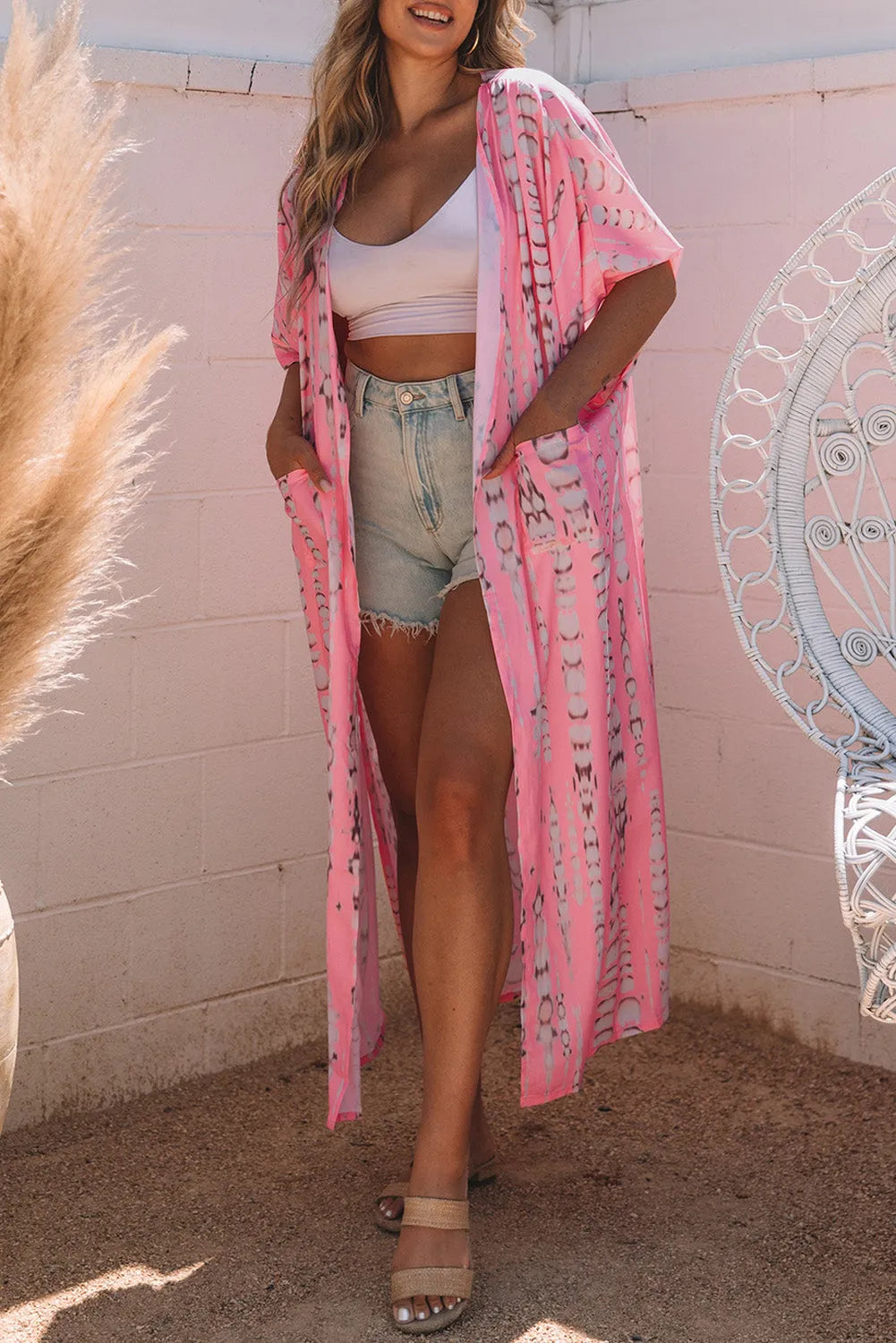 Pink Bohemian Tie Dye Oversize Long Kimono - Chic Meadow Boutique 