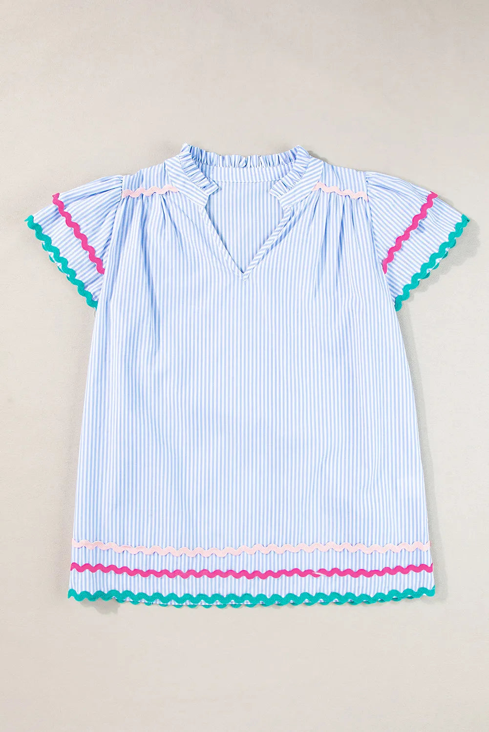 Sky Blue Stripe Ricrac Trim Split Neck Striped Ruffled Sleeve Blouse - Chic Meadow Boutique 