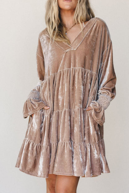 Smoke Gray Solid Color V Neck Velvet Tiered Long Sleeve Dress