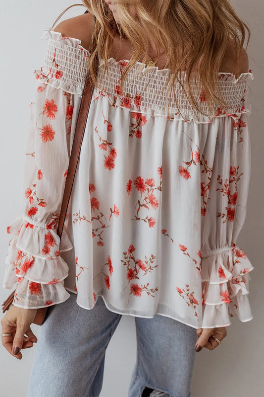 White Floral Print Shirred Off Shoulder Ruffled Sleeve Blouse - Chic Meadow Boutique 