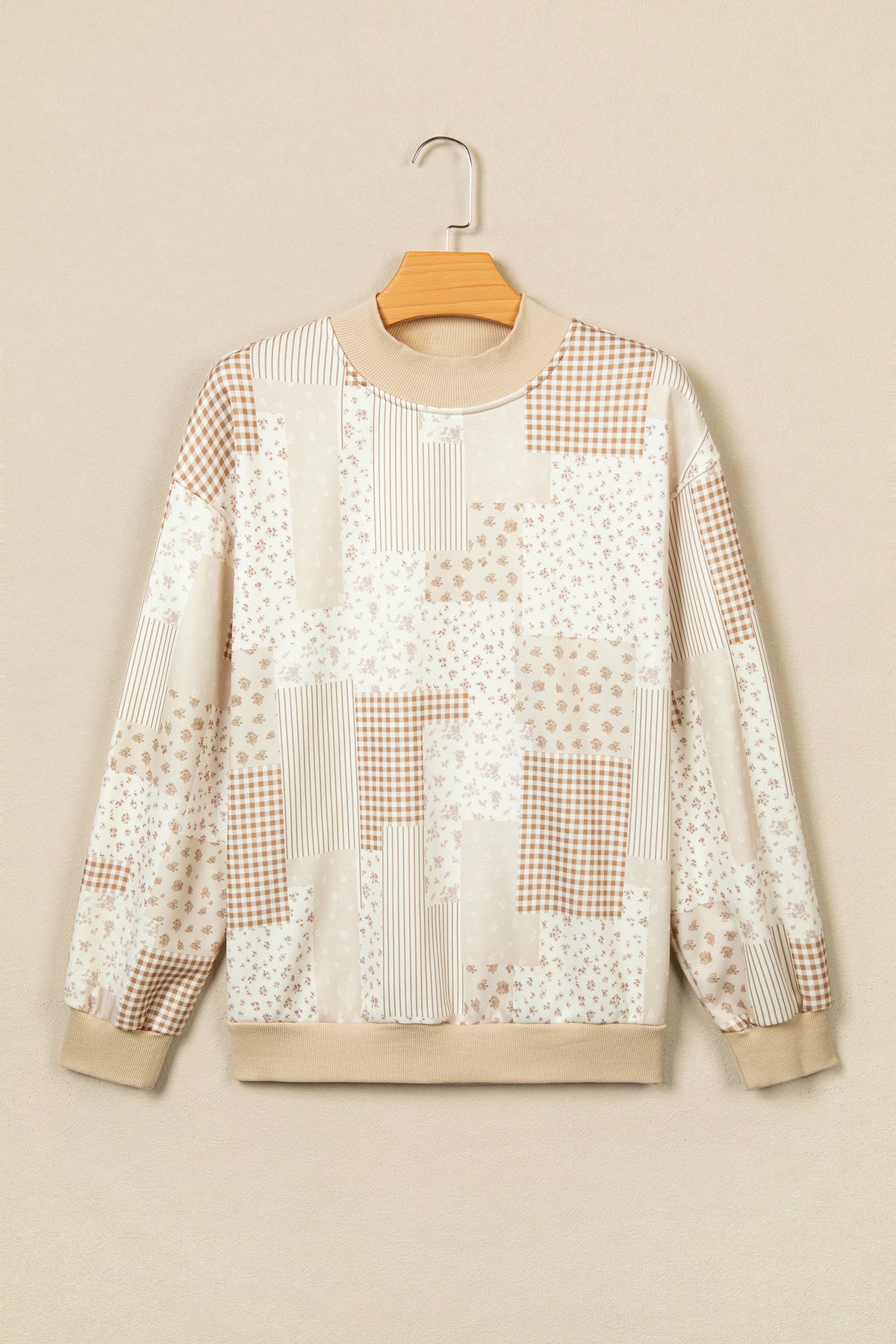 Khaki Patchwork Floral Print Mock Neck Long Sleeve Sweatshirt