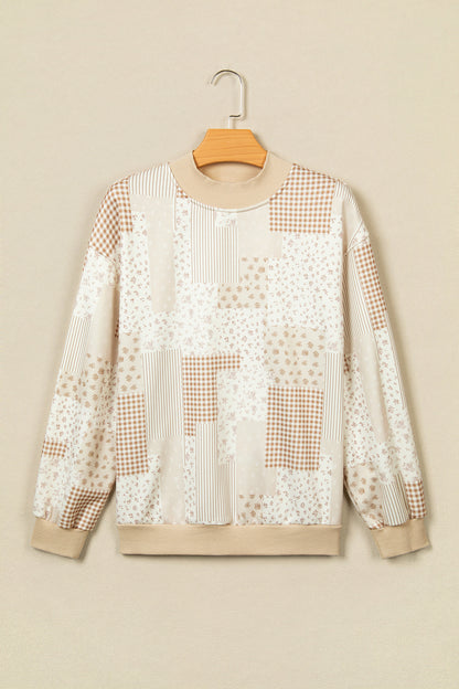 Khaki Patchwork Floral Print Mock Neck Long Sleeve Sweatshirt
