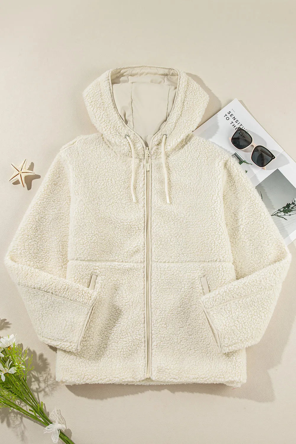 Beige Fleece Zip Up Drawstring Hooded Pocketed Jacket - Chic Meadow Boutique 