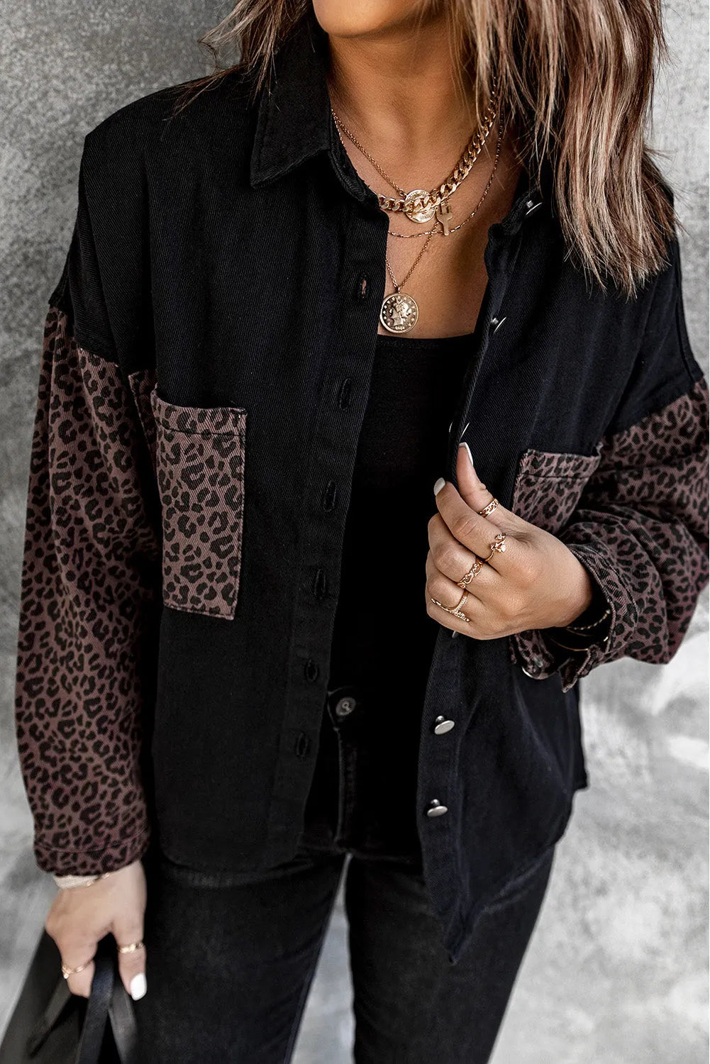 Black Contrast Leopard Denim Jacket - Chic Meadow Boutique 