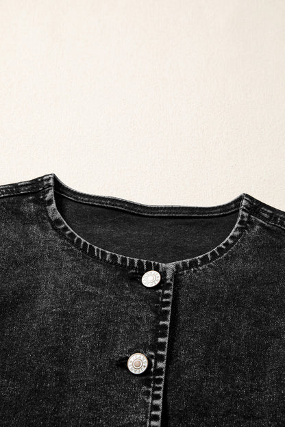Black Buttoned Front Slit Denim Vest