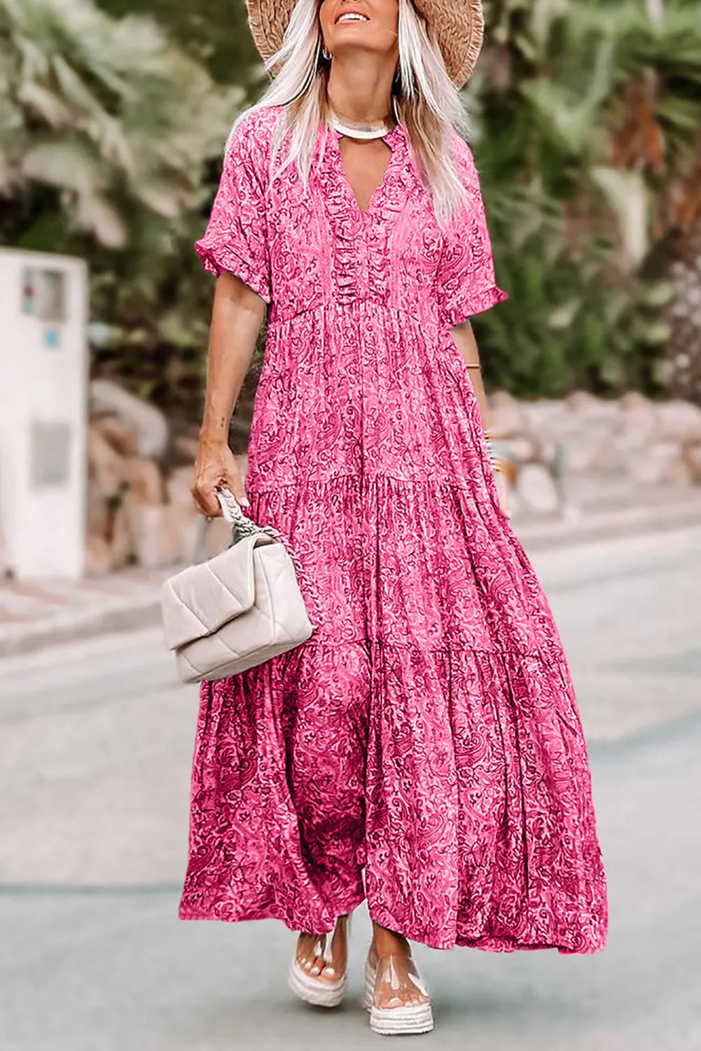 Pink Paisley Print Boho Holiday Ruffle Tiered Maxi Dress - Chic Meadow Boutique 