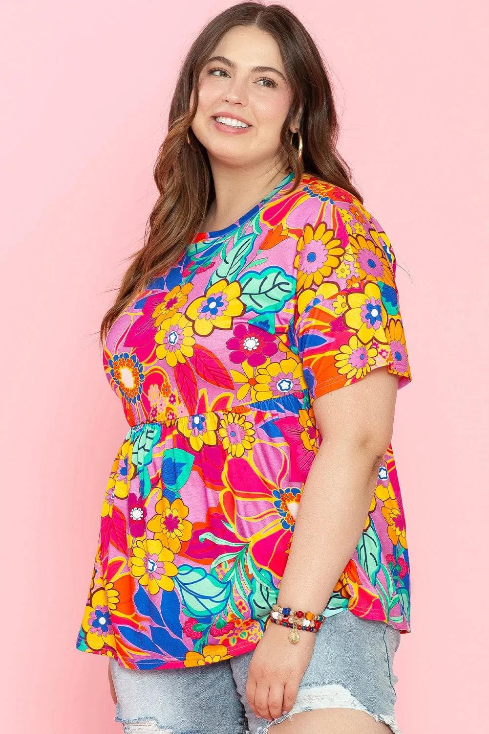 Plus Size/Plus Size Tops/Plus Size Blouses & Shirts Pink Floral Print Short Sleeve Plus Size Babydoll Blouse