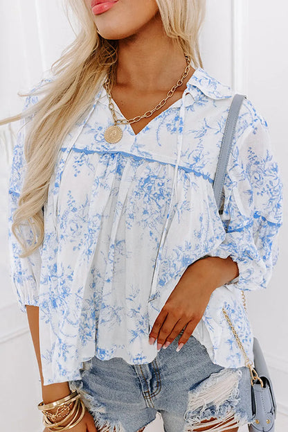 Sky Blue Floral 3/4 Sleeve Tied Collar Blouse - Chic Meadow Boutique 