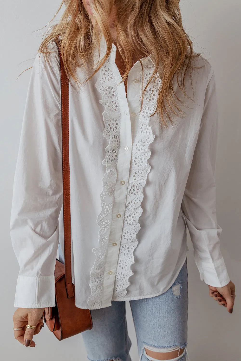 White Lace Crochet Trim Turn Down Collar Buttoned Shirt - Chic Meadow Boutique 