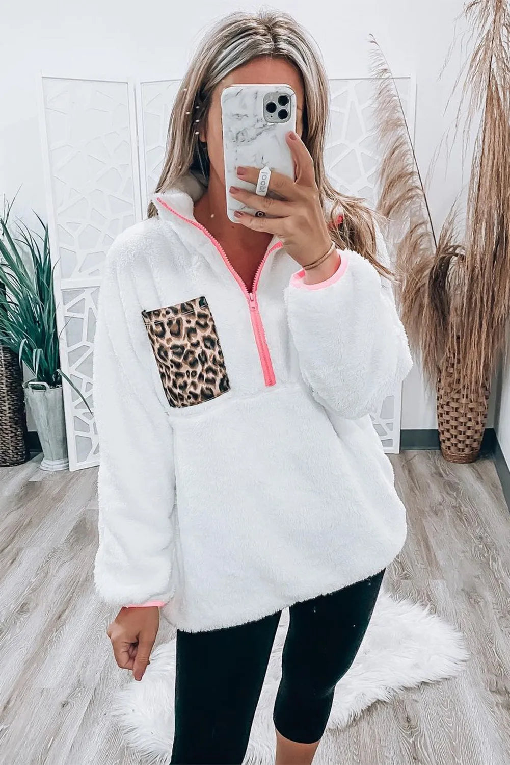 White Leopard Patch Pocket Half Zipped Fleece Sweatshirt - Chic Meadow Boutique 