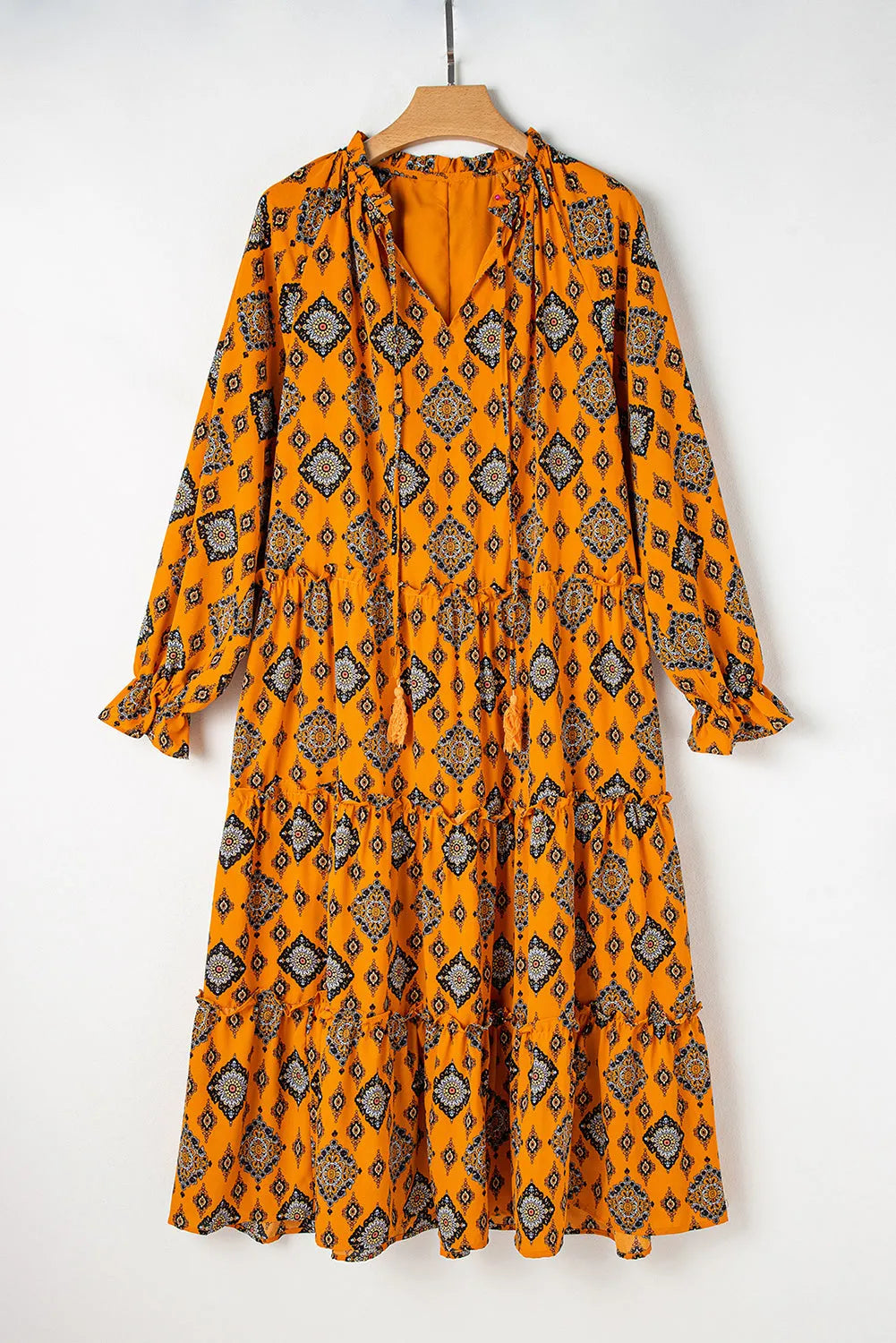 Orange Western Geometric Print Tiered Frilled Loose Fit Midi Dress - Chic Meadow Boutique 