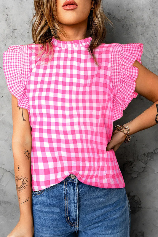 Rose Red Checkered Ruffled Sleeve Frilled Neck Blouse - Chic Meadow Boutique 