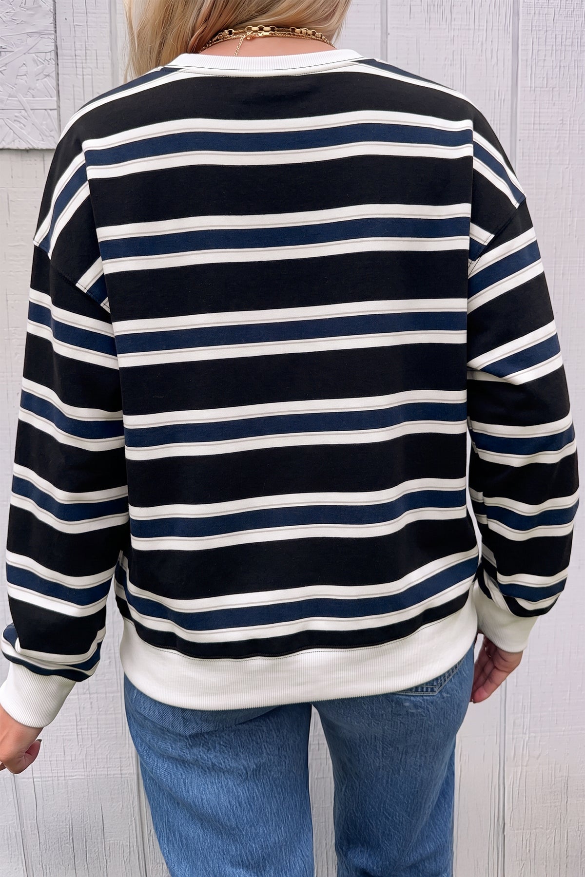 Blue Stripe Ribbed Color Block Trim Round Neck Dropped Shoulder Sweatshirt