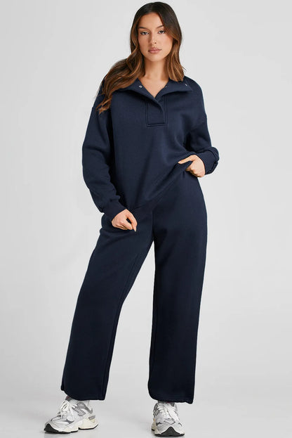 Navy Blue Solid Color Collared Sweatshirt and High Waist Pants Set - Chic Meadow Boutique 