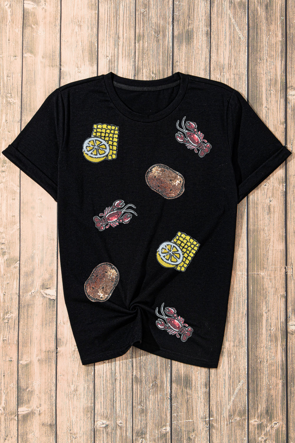 Black Sequin Crawfish Potato Lemon Corn Graphic Crewneck T Shirt