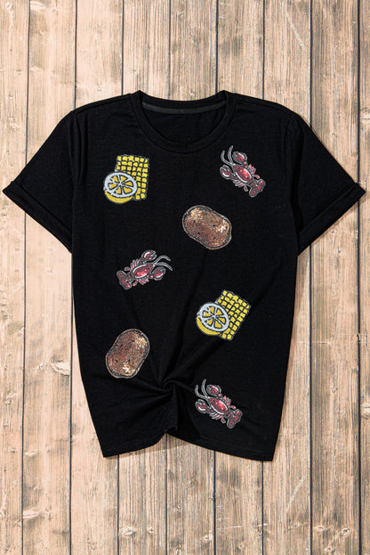 Black Sequin Crawfish Potato Lemon Corn Graphic Crewneck T Shirt