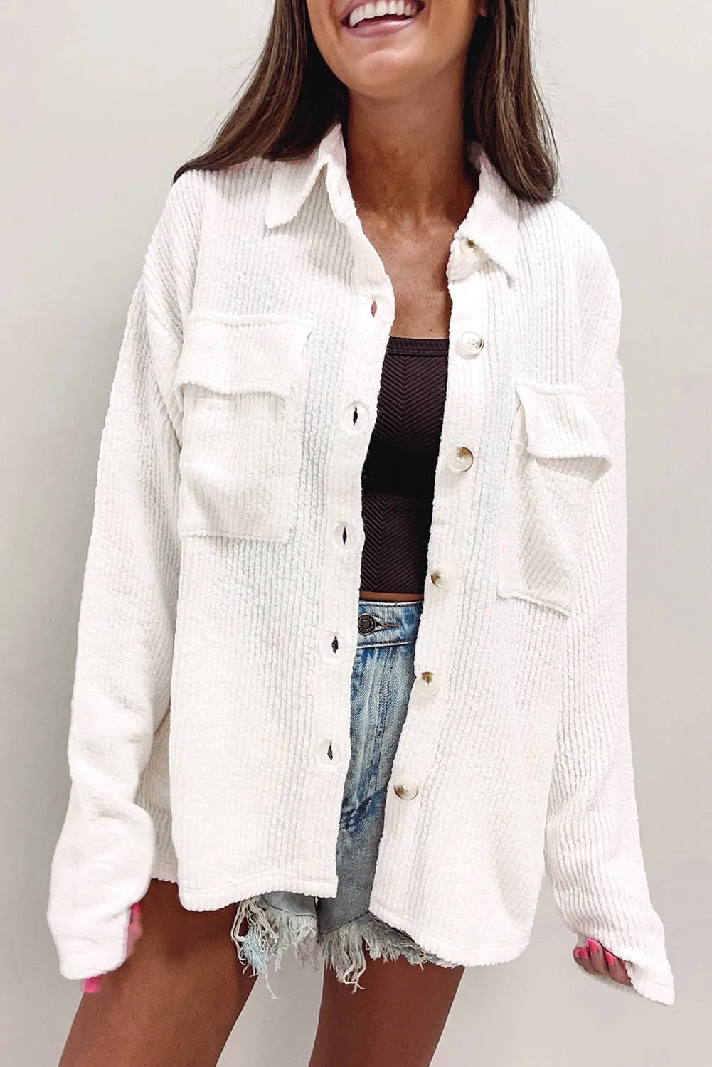 White Solid Color Corduroy Buttoned Long Sleeve Jacket - Chic Meadow Boutique 