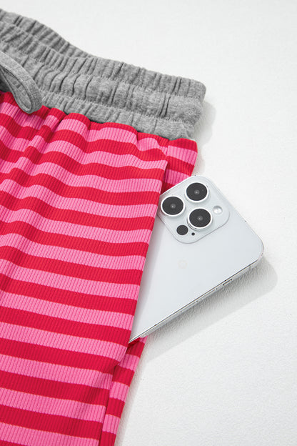 Rose Stripe Contrast Elastic Waist Casual Ribbed Shorts