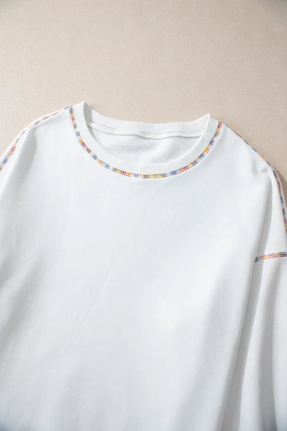 White Contrast Rainbow Trim Drop Shoulder Pullover Sweatshirt - Chic Meadow Boutique 