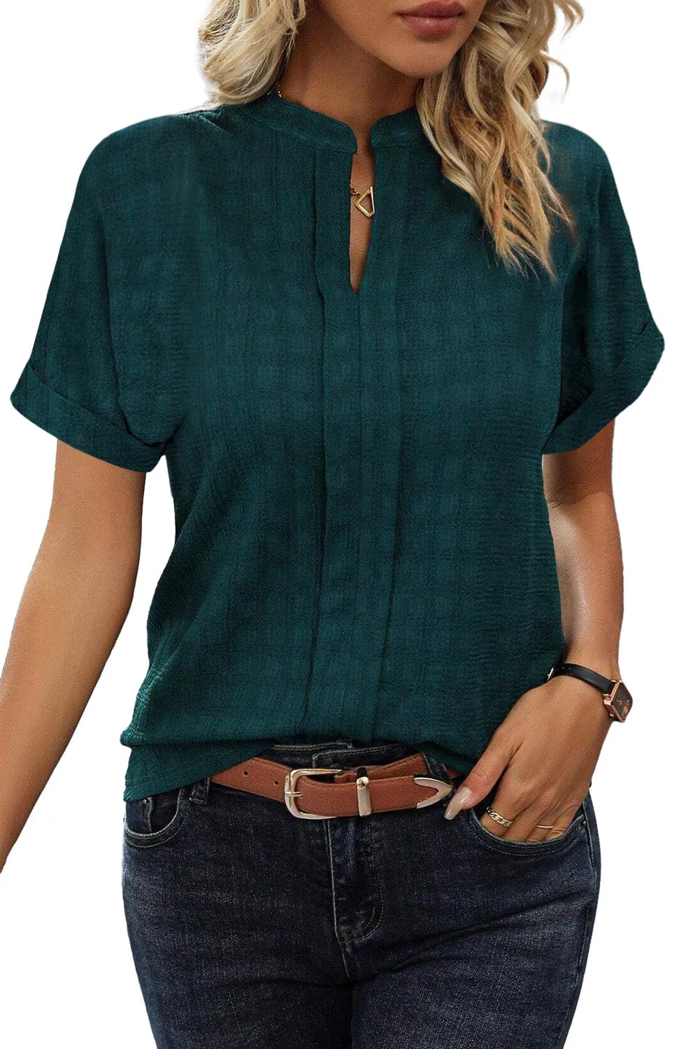 Sea Green Solid Textured Split Neck Short Sleeve Blouse - Chic Meadow Boutique 