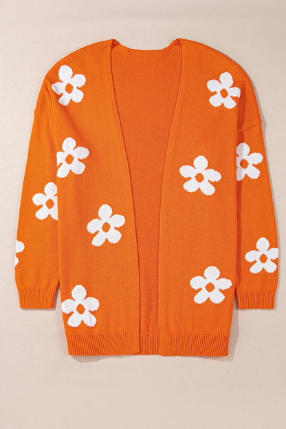 Orange Flower Pattern Drop Shoulder Plus Size Cardigan - Chic Meadow Boutique 