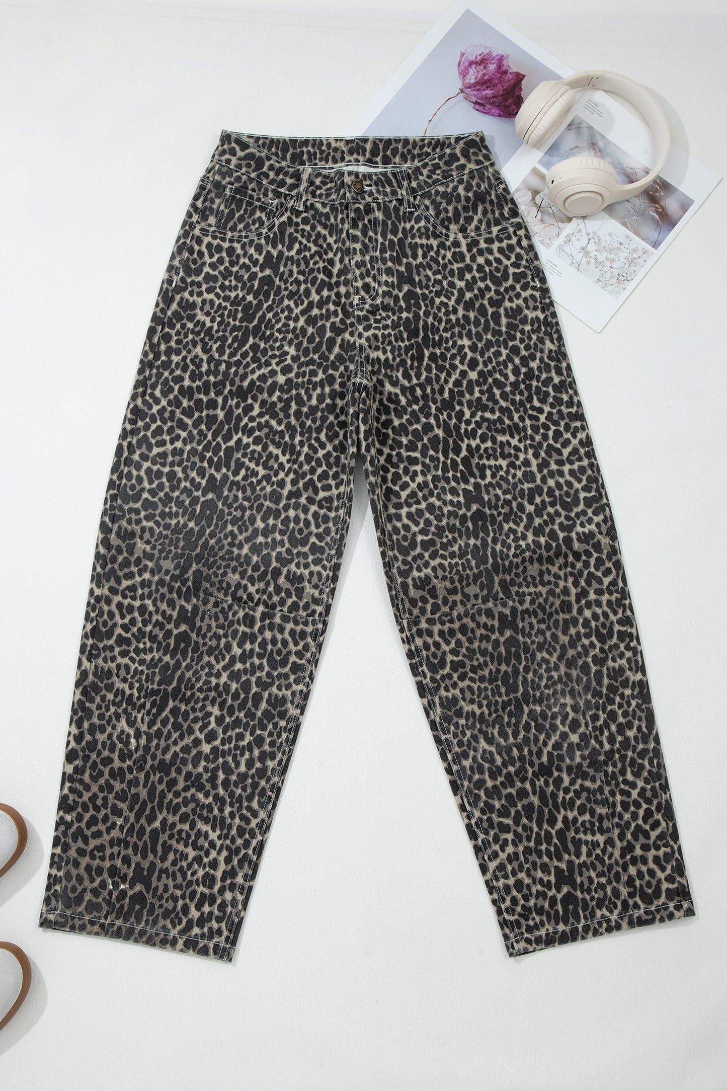 Black Leopard Print High Waist Barrel Jeans