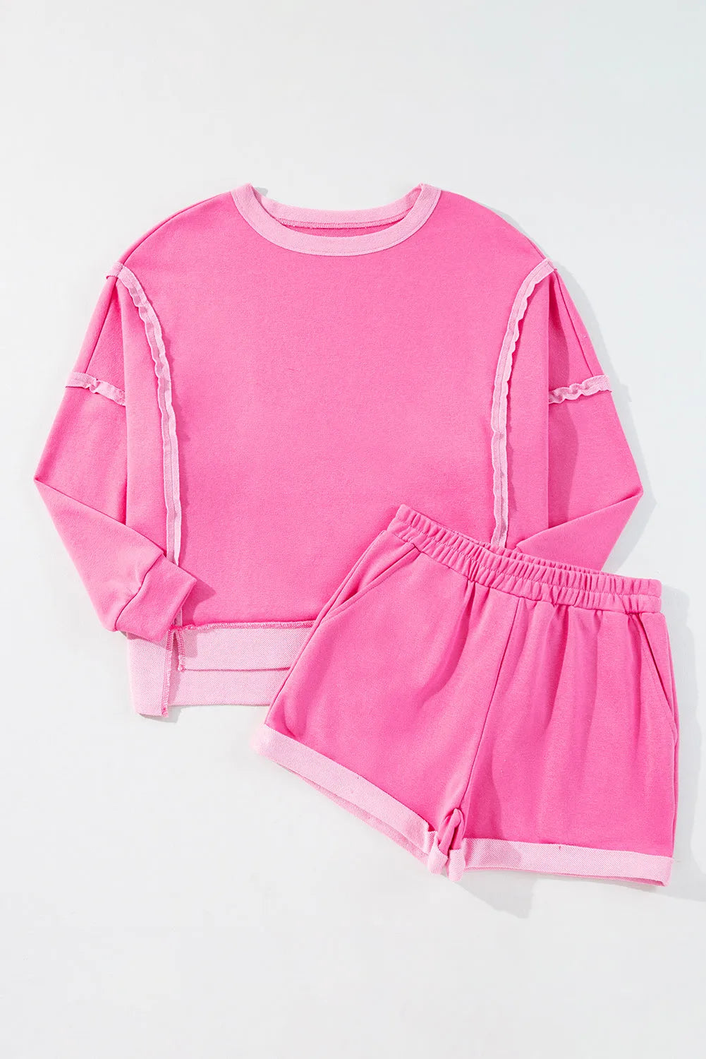 Sachet Pink High Low Patchwork Long Sleeve Top and Shorts Set - Chic Meadow Boutique 