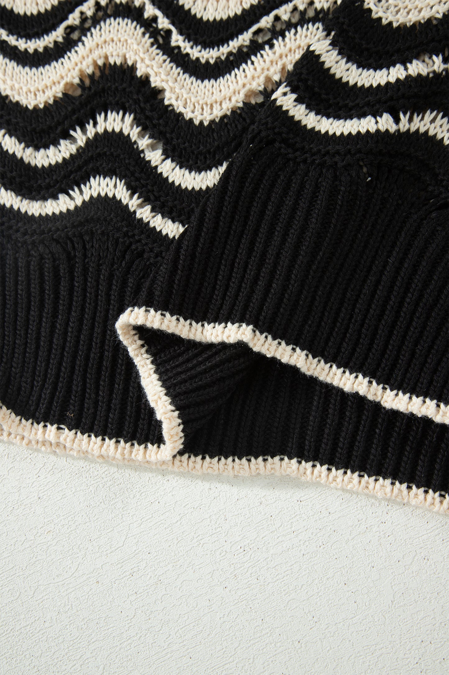 Black Stripe Wavy Crochet Eyelet Detail Ruffle Half Sleeve Sweater