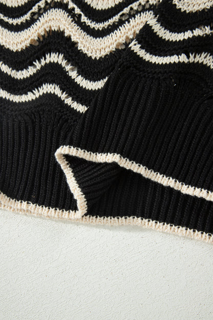 Black Stripe Wavy Crochet Eyelet Detail Ruffle Half Sleeve Sweater