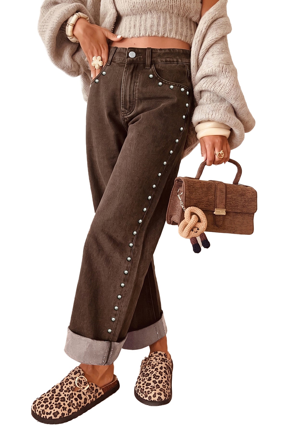 Coffee Studded Detail Straight Leg Casual Loose Jeans