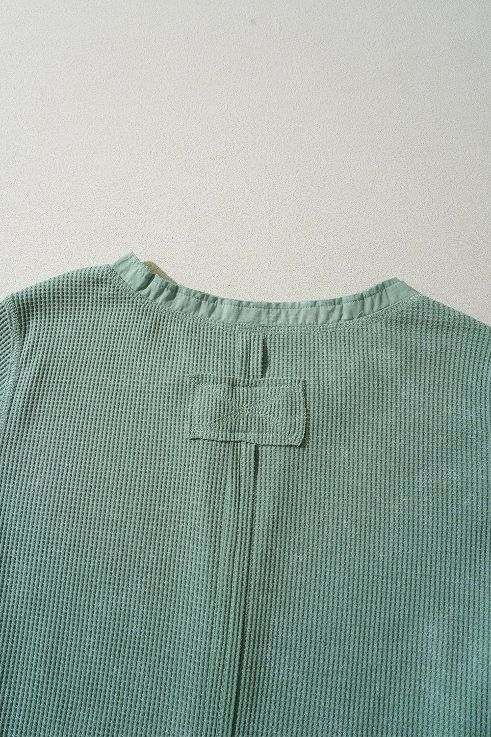 Smoke Green Acid Wash Waffle Knit Buttoned Neckline Long Sleeve Top - Chic Meadow Boutique 