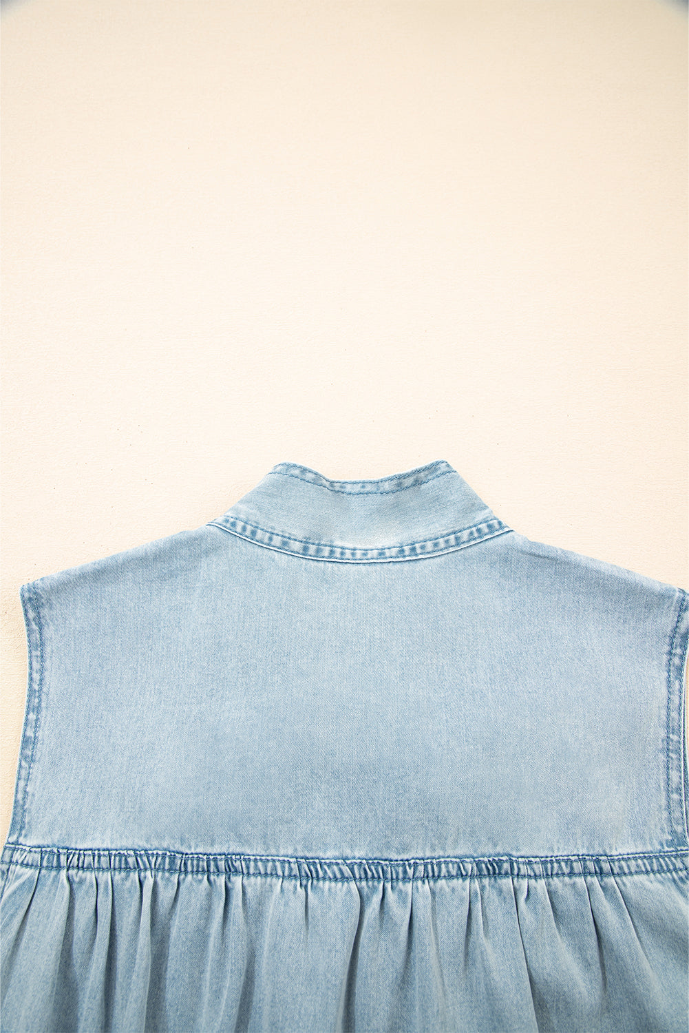 Beau Blue Bowknot Neck Sleeveless Ruffled Chambray Dress