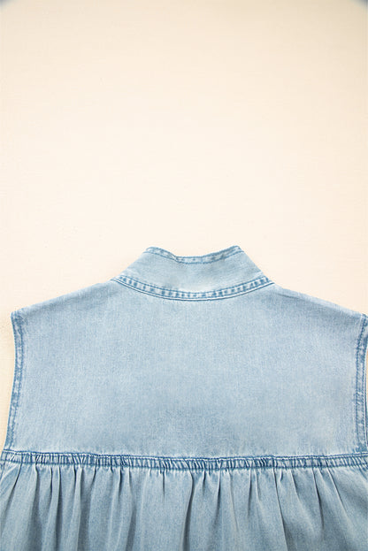 Beau Blue Bowknot Neck Sleeveless Ruffled Chambray Dress