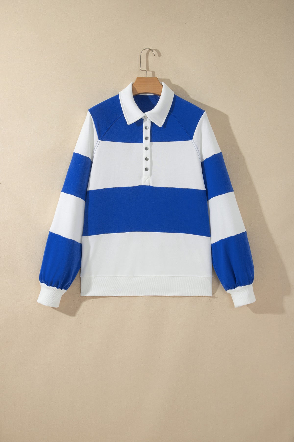 Dark Blue Striped Color Block Button V Neck Puff Sleeve Casual Sweatshirt