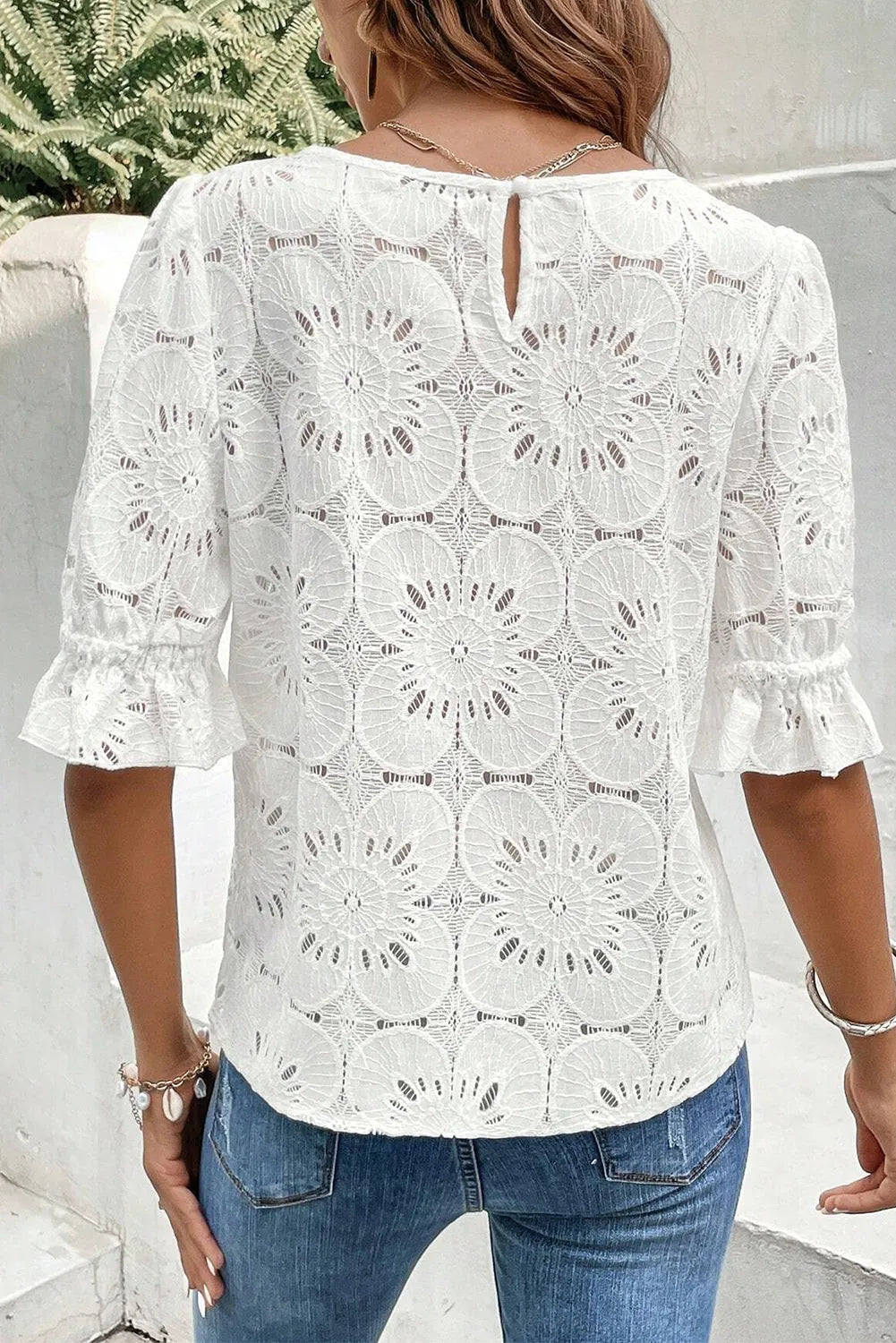 White Flower Eyelet Jacquard Keyhole Flounce Sleeve Top - Chic Meadow Boutique 