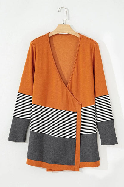 Sweaters & Cardigans/Cardigans Orange Colorblock Striped Patchwork Open Cardigan