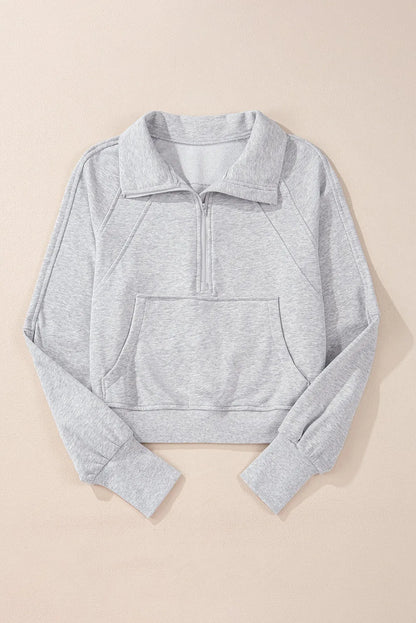 Light Grey Quarter Zip Stand Neck Kangaroo Pocket Sweatshirt - Chic Meadow Boutique 