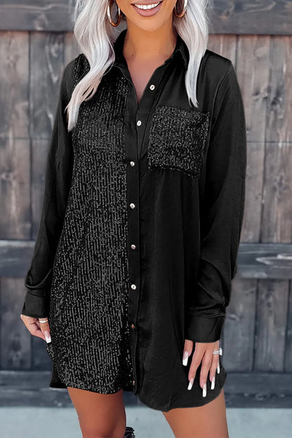 Black Sequin Splicing Pocket Buttoned Shirt Dress - Chic Meadow Boutique 