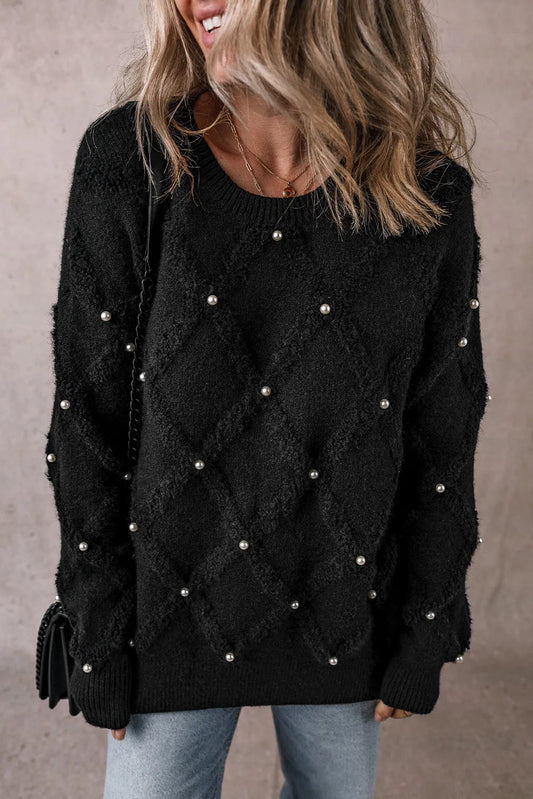 Black Pearl Embellished Rhombus Pattern Sweater - Chic Meadow Boutique 