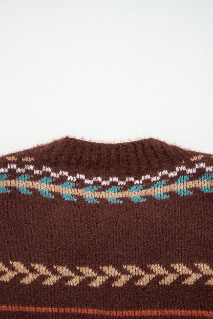 Brown Ethnic Pattern Mohair Knitted Drop Shoulder Sweater