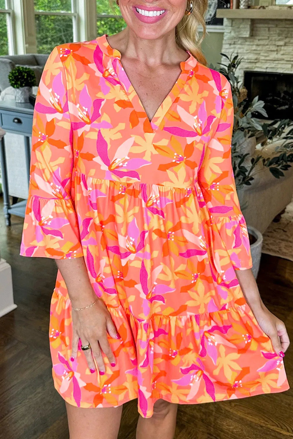 Orange Abstract Print Ruffled Sleeve V Neck Dress - Chic Meadow Boutique 